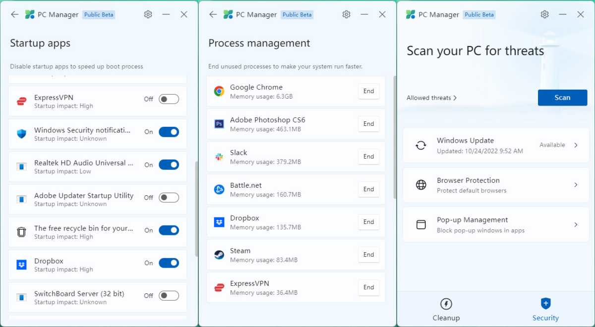 Microsoft PC Manager screenshots, startup, processes, security 
