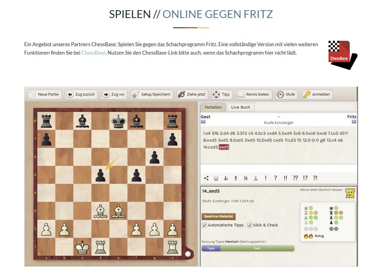 Auf der Webseite des deutschen Schachbunds können Sie sofort mit dem Schachspielen beginnen.
