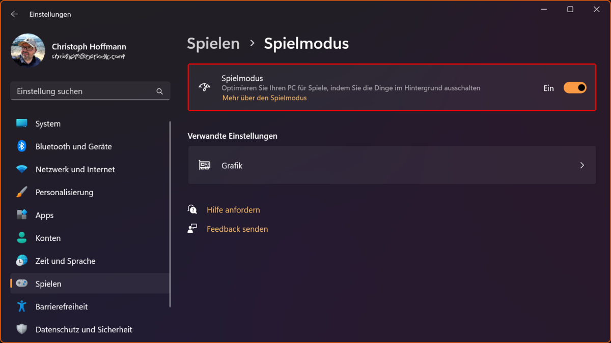 Spielmodus in den Windows-Einstellungen einschalten.