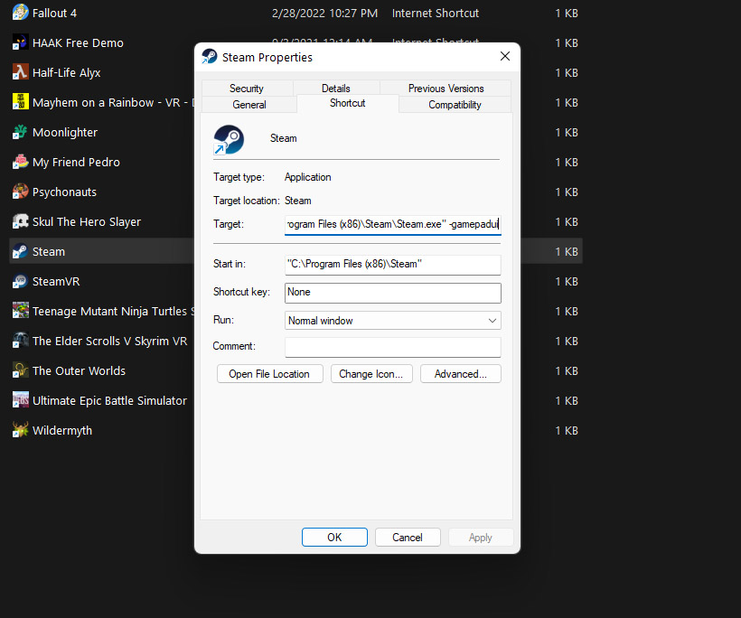 Steam shortcut properties windows 