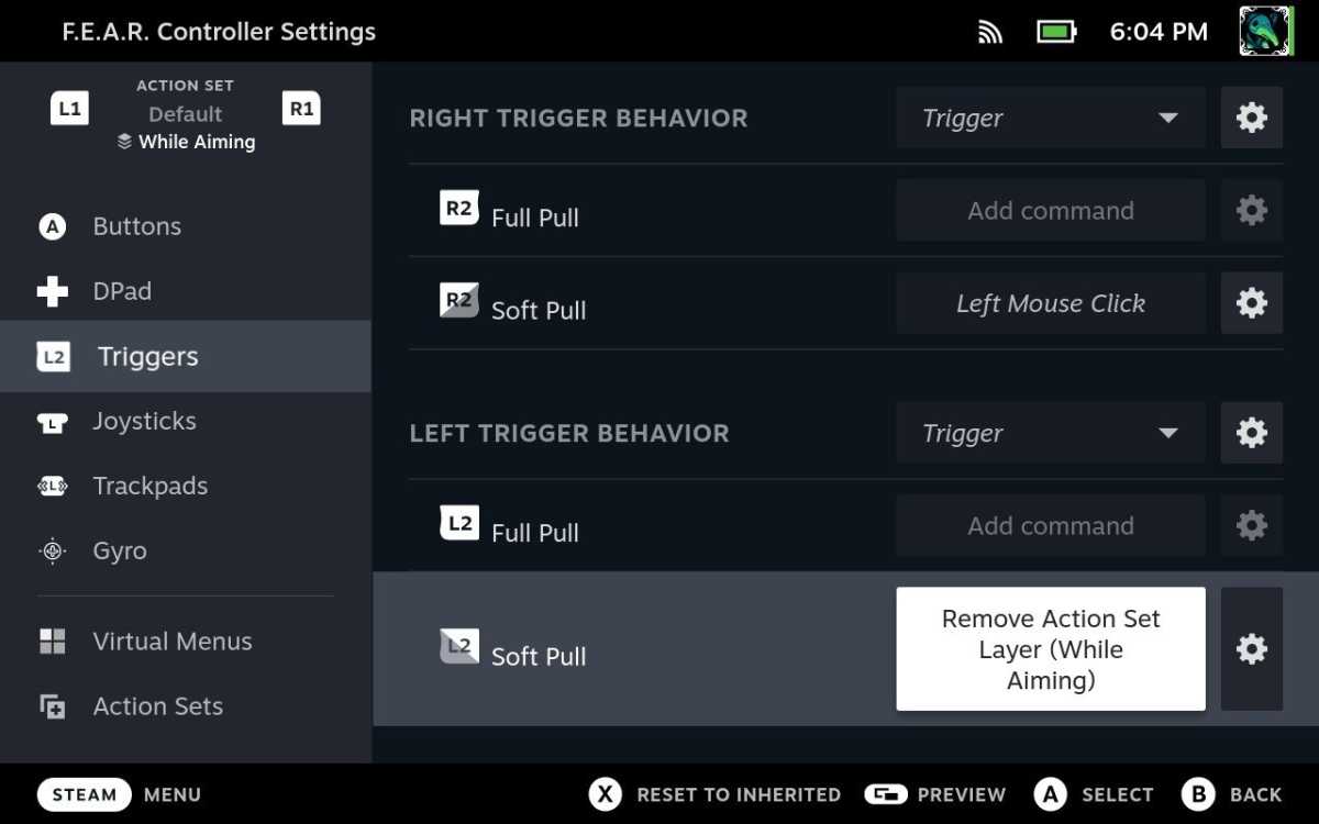 Steam Deck Action Set behavior