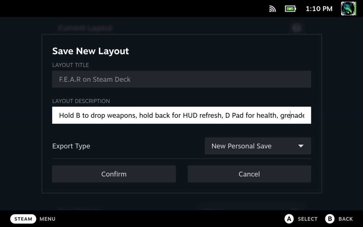 Steam Deck layout save menu