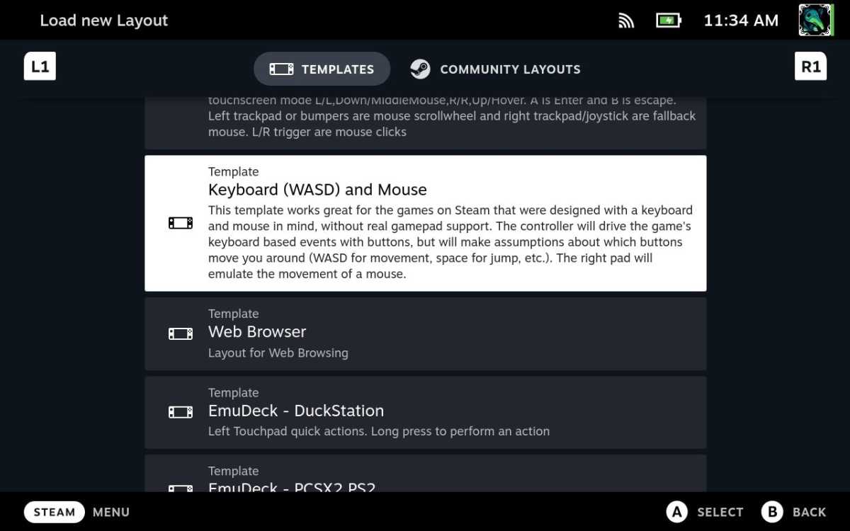 Selecting a controller template on the Steam Deck