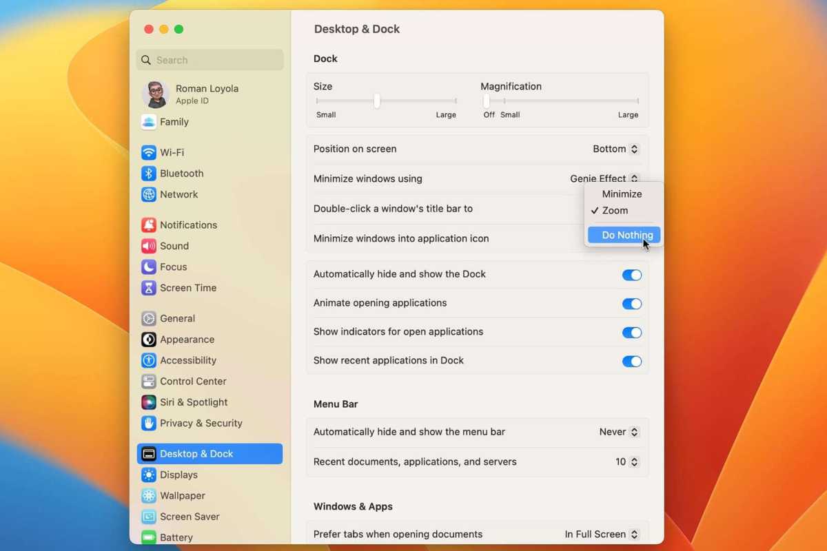 macOS Ventura dock settings