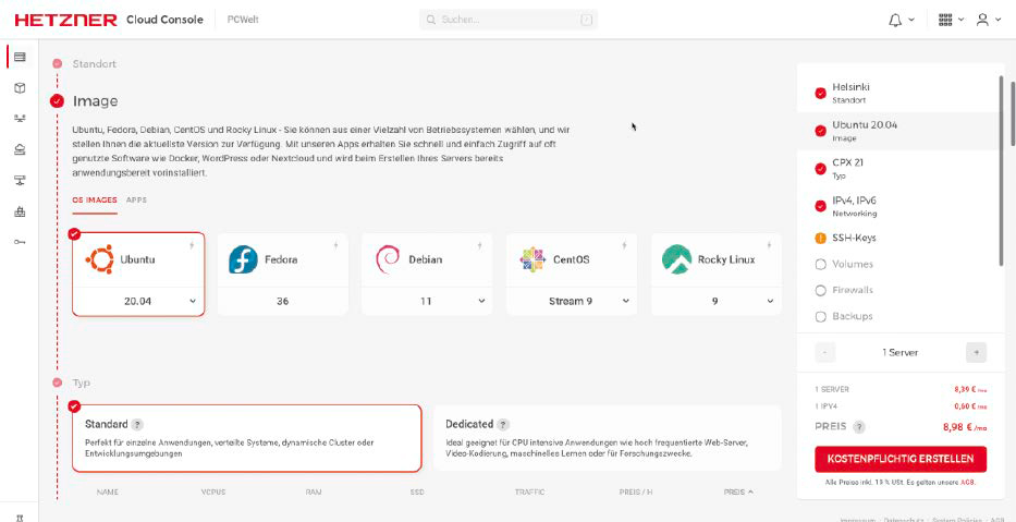 Die Zusammenstellung der Komponenten verläuft bei allen Anbietern ähnlich (hier bei Hetzner): Nach der grundlegenden Konfiguration des Servers muss noch das Image ausgewählt werden.