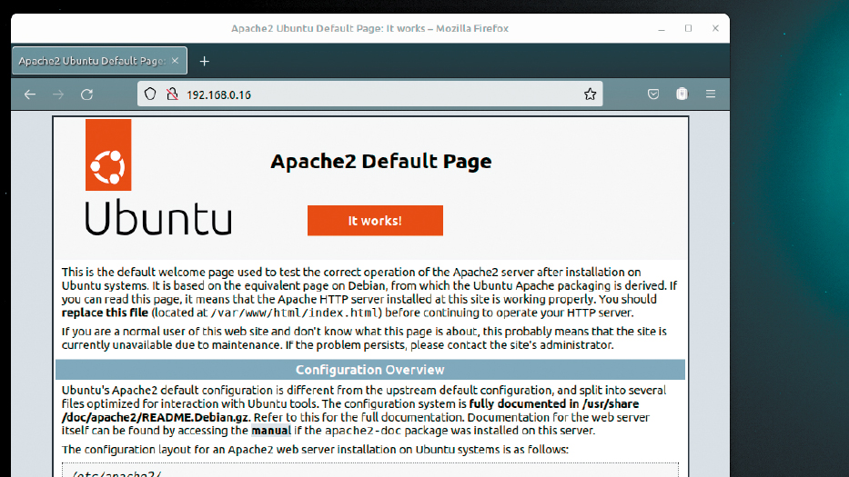 Das ist weit mehr, als es scheint: Wenn Apache nach der Installation diese Standardseite („index.html“) im Browser anzeigt, ist der Weg für andere und eigene Inhalte geebnet.