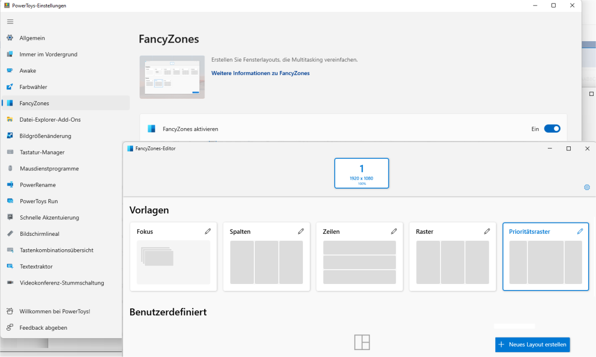 Über die Fancy Zones können Sie ähnlich wie mit den Snap-Layouts von Windows 11 bestimmte Fensteranordnungen auf dem Desktop vordefinieren und blitzschnell auswählen.