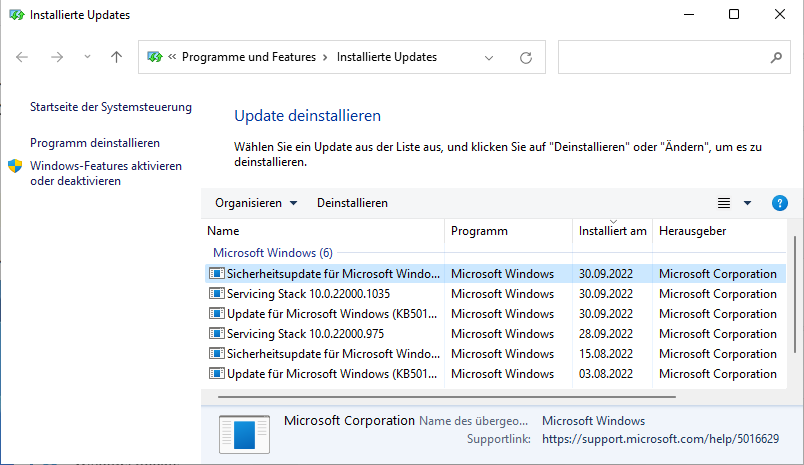 Update entfernen: Sollte ein kürzlich durchgeführtes Windows-Update im Verdacht stehen, den Bluescreen zu verursachen, lässt es sich über die Systemsteuerung deinstallieren.