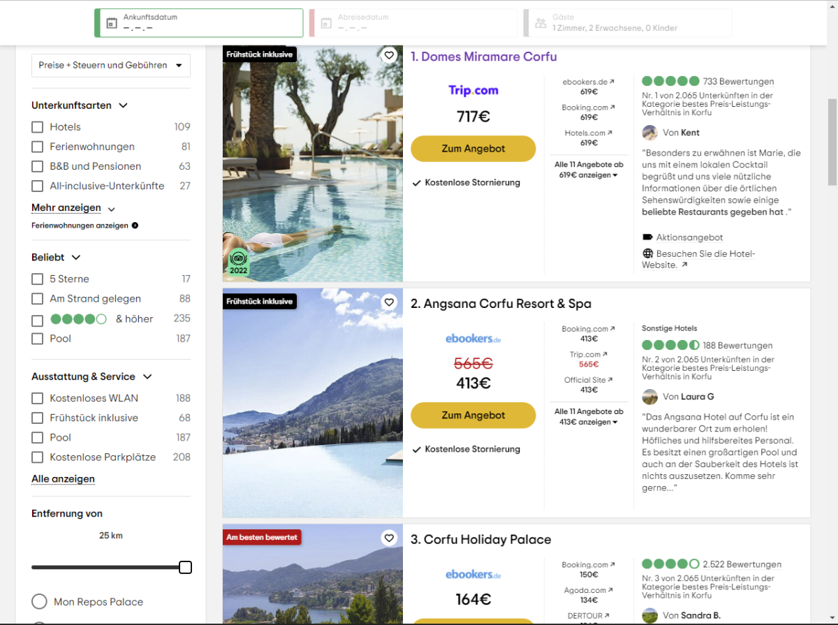 Einige Hotelbuchungssysteme geben an, dass sie die Kundenbewertungen auf ihrer Website prüfen. Die Bestenlisten stellen dennoch eine durchaus gewollte Beeinflussung der Interessenten dar.