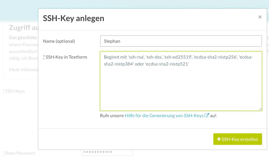 Der vorher erzeugte öffentliche SSH-Schlüssel wird hier in der Konfigurationsoberfläche des Providers hinterlegt.