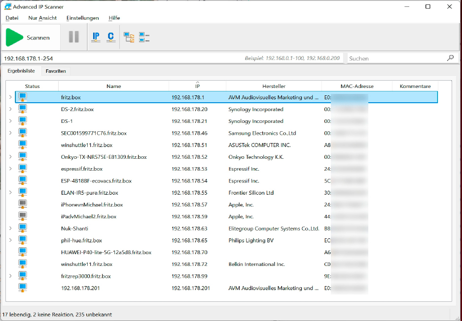 Das Tool Advanced IP Scanner liefert schnelle Ergebnisse, um Geräte im Heimnetz aufzufinden. Allerdings präsentiert er die erkannten Hosts nur als schlichte Liste ohne grafische Elemente.