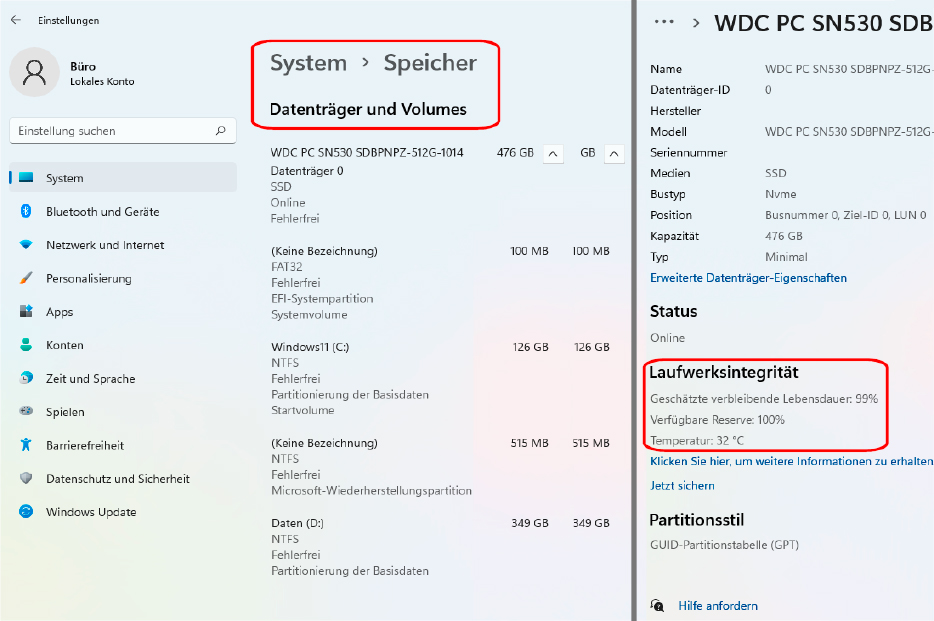 Die neue Datenträgerverwaltung von Windows 11 (links) wirkt viel moderner als die frühere, außerdem überwacht sie NVME-SSD-Laufwerke und schützt so vor Ausfällen (rechts).
