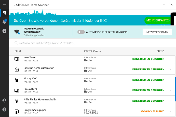 Der Bitdefender Home Scanner schmückt seine Ergebnisliste immerhin mit Gerätesymbolen aus und identifiziert Hosts mit Sicherheitslücken.