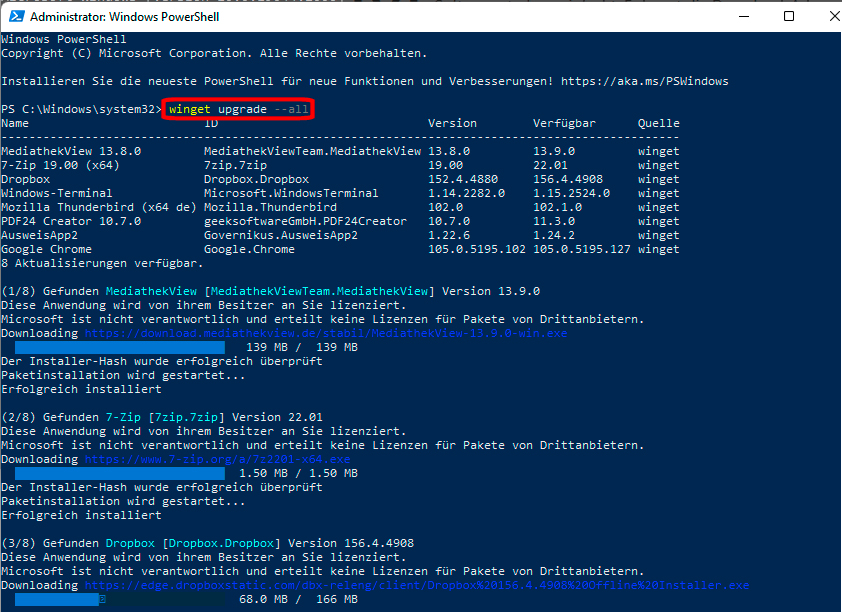 Mit Winget verfügt Windows 10 und 11 über einen Paketmanager, wie ihn Linux schon lange bietet. Damit lassen sich unter anderem alle installierten Tools in einem Rutsch updaten.
