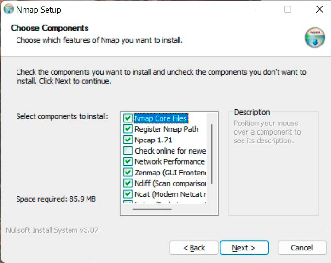 Damit Sie Nmap per Maus nutzen können, muss bei der Installation des Tools ein Haken vor dem Eintrag für „Zenmap“ gesetzt sein.