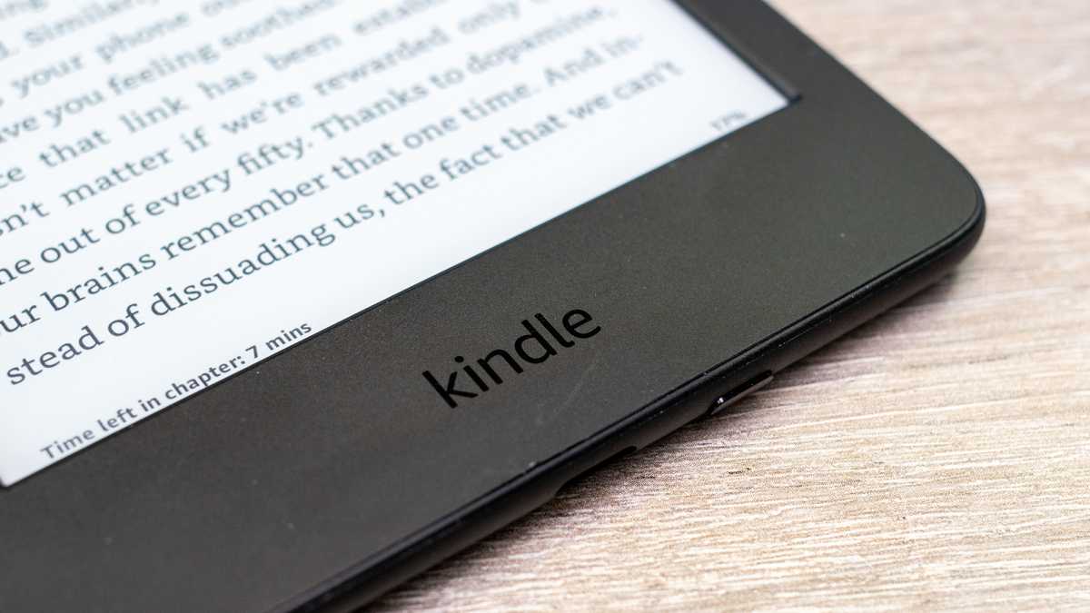 The Kindle logo on a 2022 Amazon Kindle