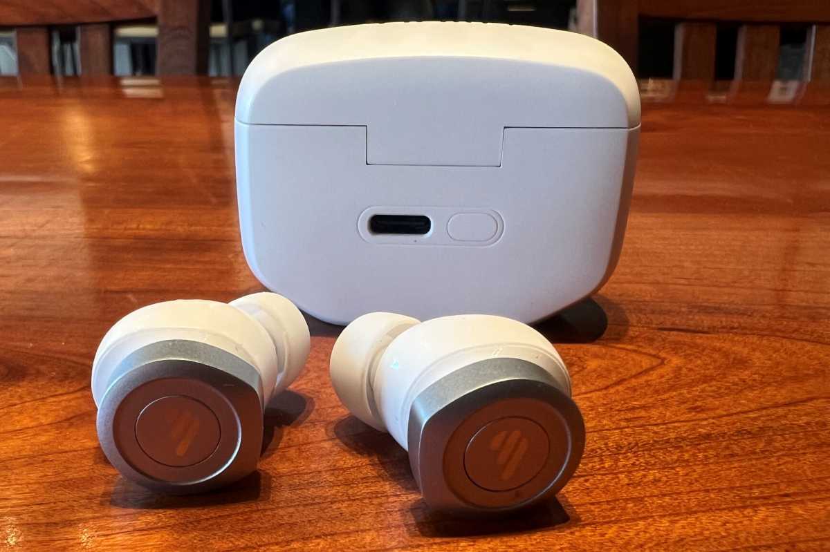 Edifier W240TN next to charging case 2