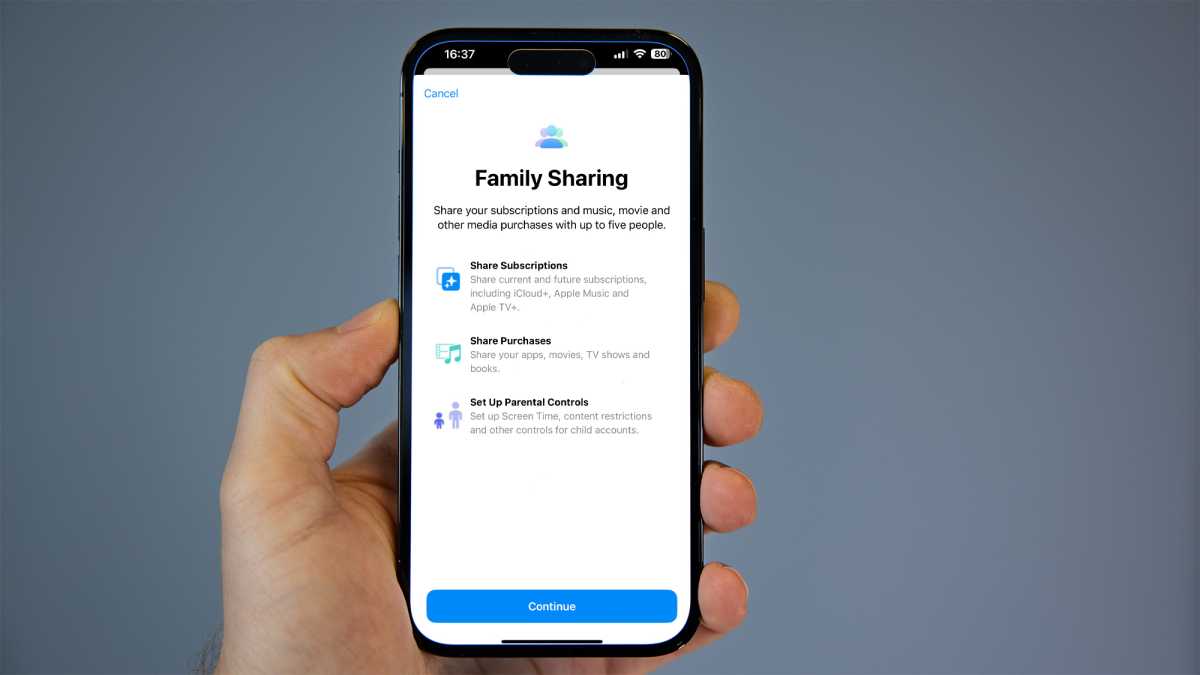 Family Sharing setup process on an iPhone 14 Pro