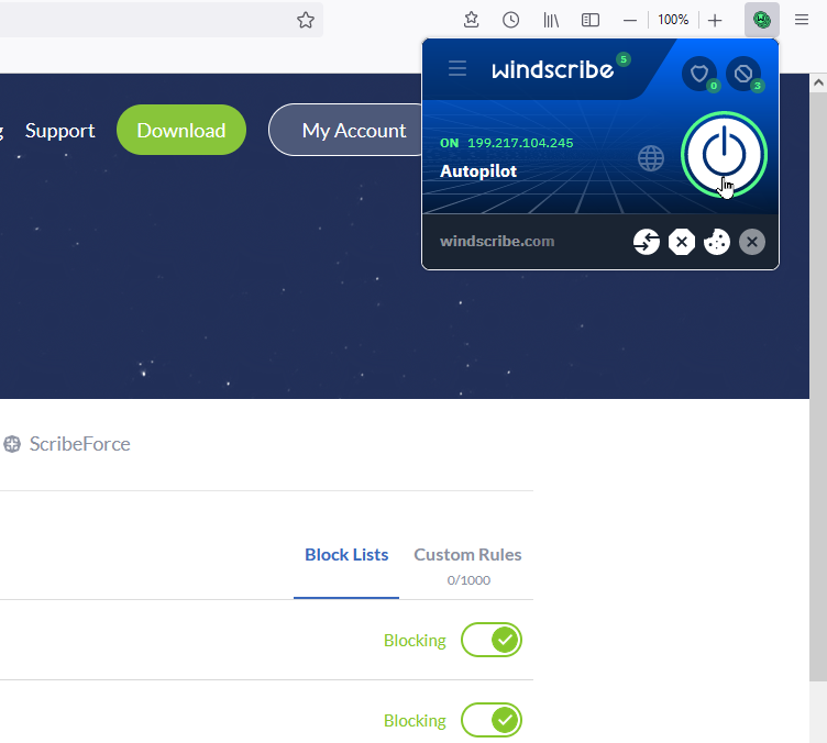 Οθόνη Windscribe VPN