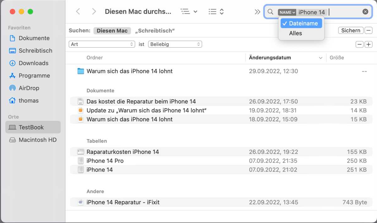 Suche im Finder starten