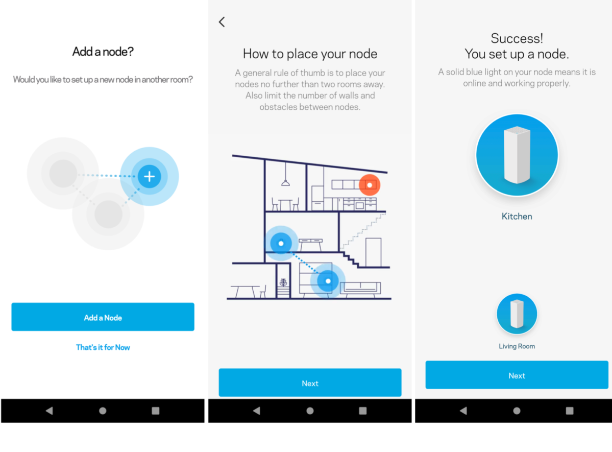 Linksys Android app, showing off the set-up process of the Altas 6 system