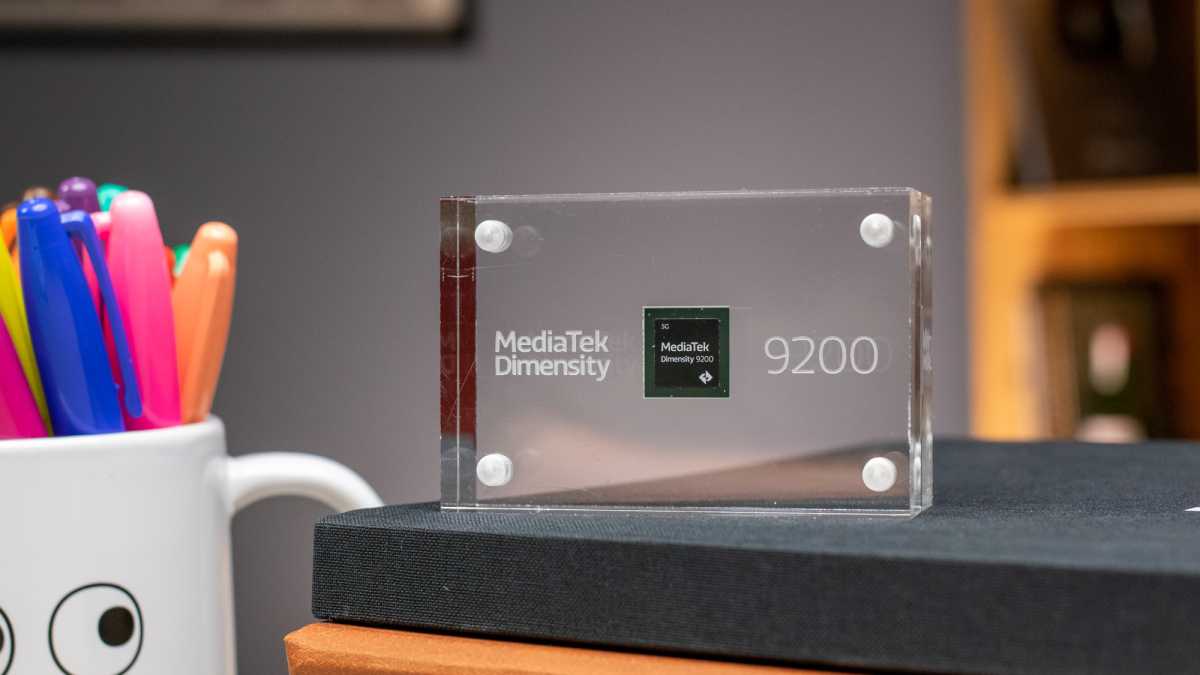 MediaTek Dimensity 9200 chip front in case on books