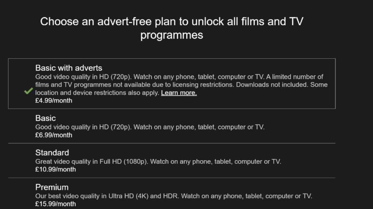 Netflix choose plan - Basic with Adverts