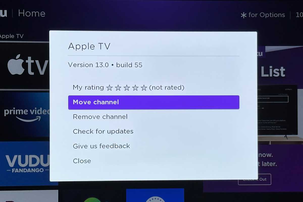 Roku options menu move channel option