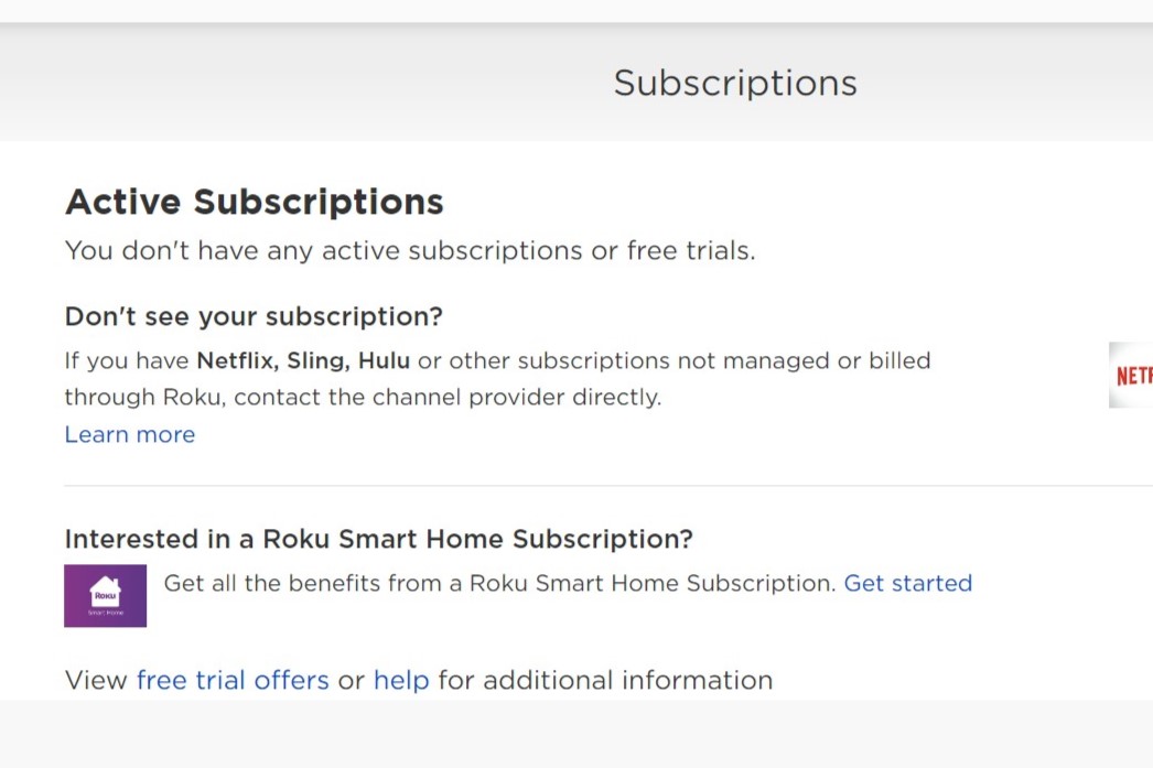 Roku Active Subscriptions screen