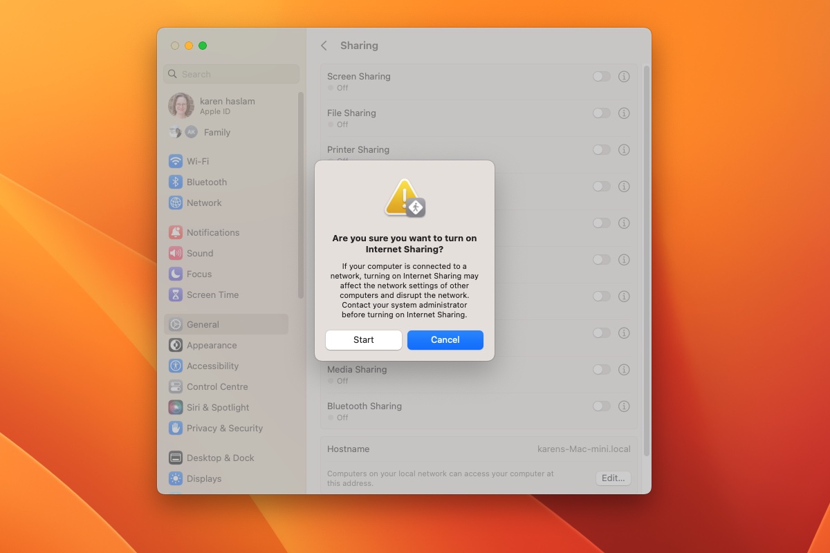 Start Internet Sharing Mac
