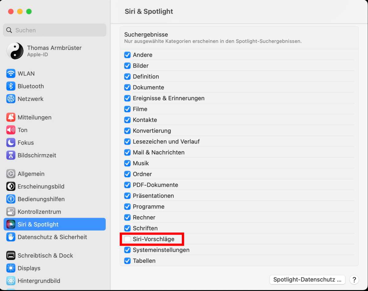 Festlegen, wonach Spotlight suchen soll