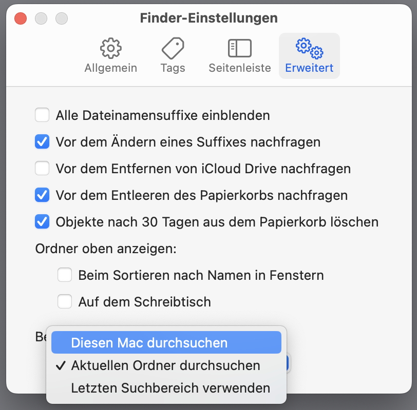 Zu durchsuchenden Ort im Finder festlegen