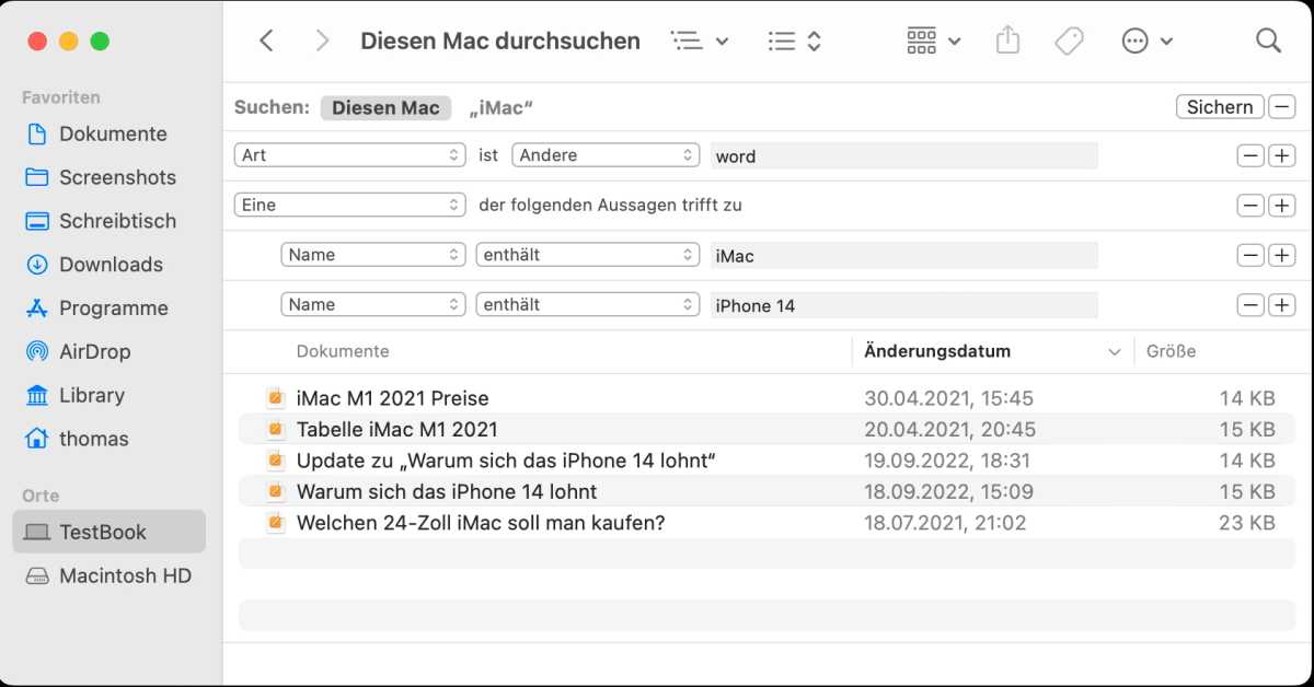 Mehrere Suchbedingungen im Finder festlegen