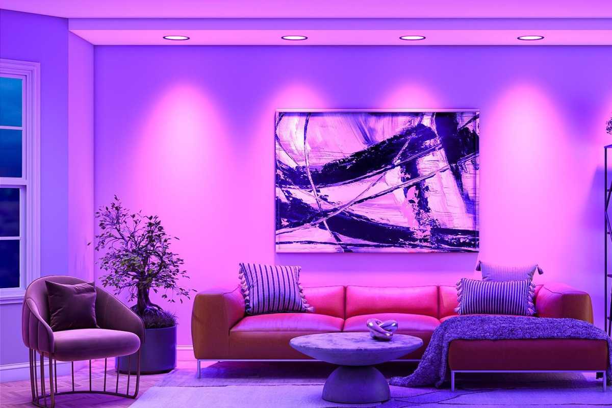 Wyze Labs color BR30 smart bulbs installed in recessed lighting