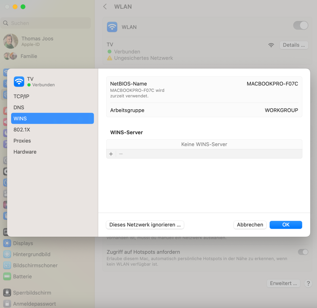 macOS und Windows sollten sich für den Austausch von Daten in der gleichen Arbeitsgruppe befinden.