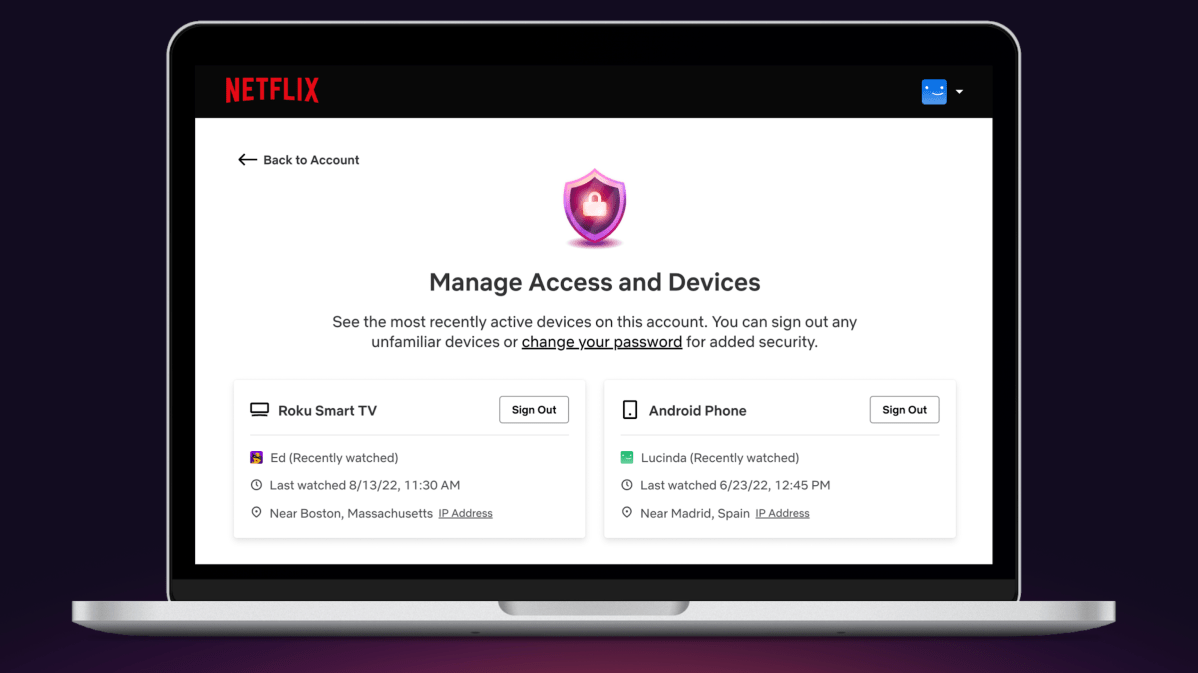 Netflix Manage Access and Devices screenshot