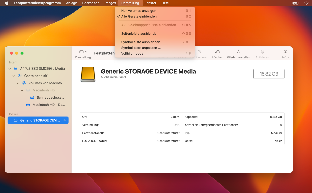 Anzeigen von externen Datenträgern im Festplattendienstprogramm von macOS