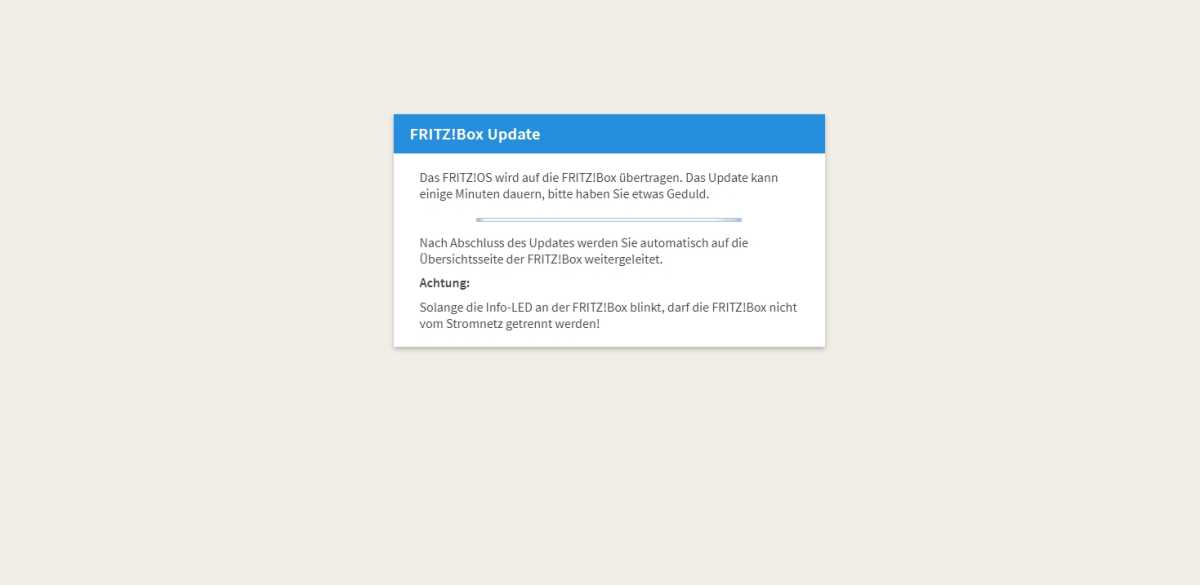 Das Update zu Fritzos 7.50 dauert nur wenige Minuten, beim Neustart der Fritzbox gehen die Verbindungen verloren, die Einstellungen bleiben aber erhalten.
