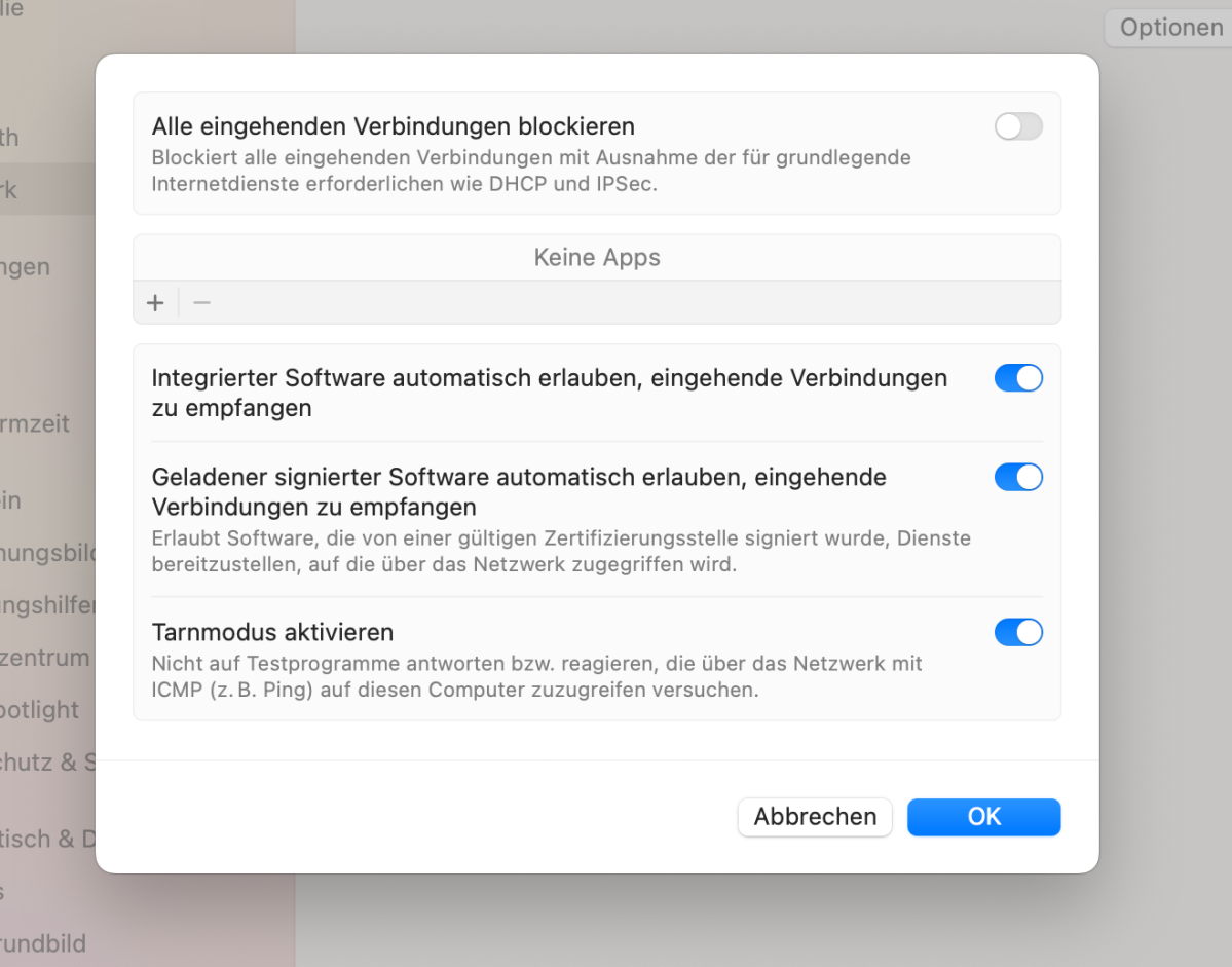 Der Tarnmodus bietet generellen Schutz vor dem Entdecken des Macs im Netzwerk.