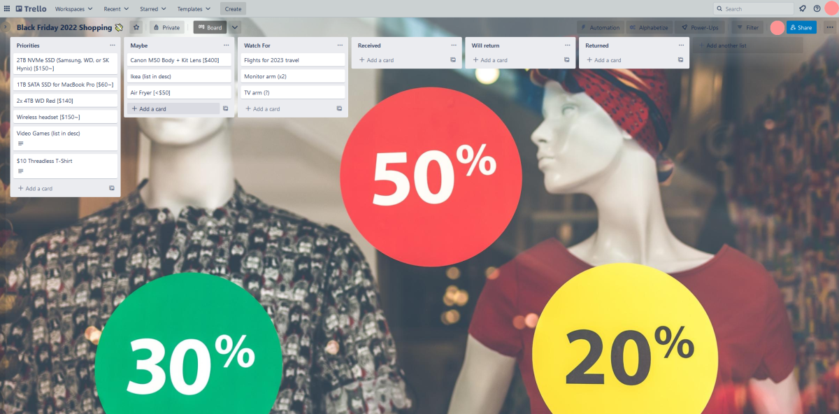 Sample Trello board for Black Friday shopping 2022