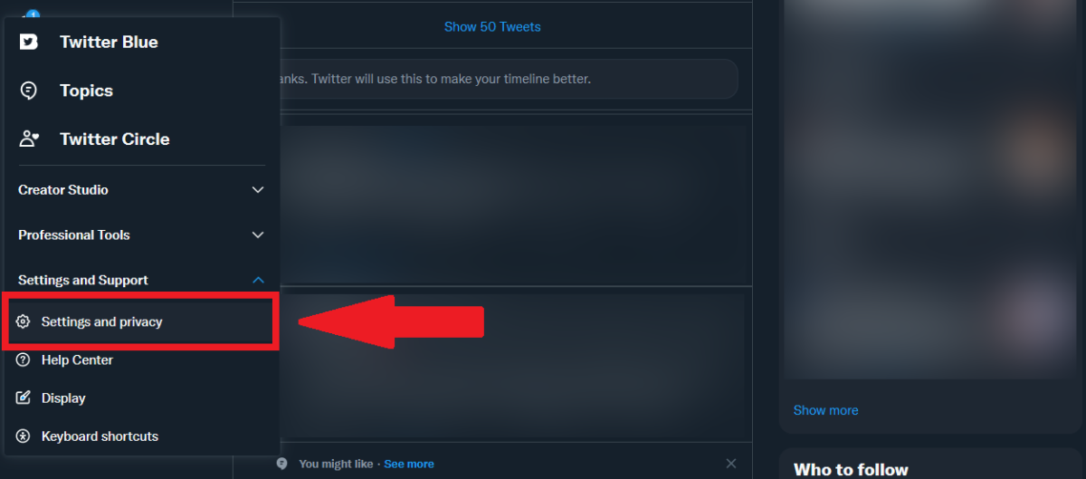Twitter Settings and Privacy setting highlighted
