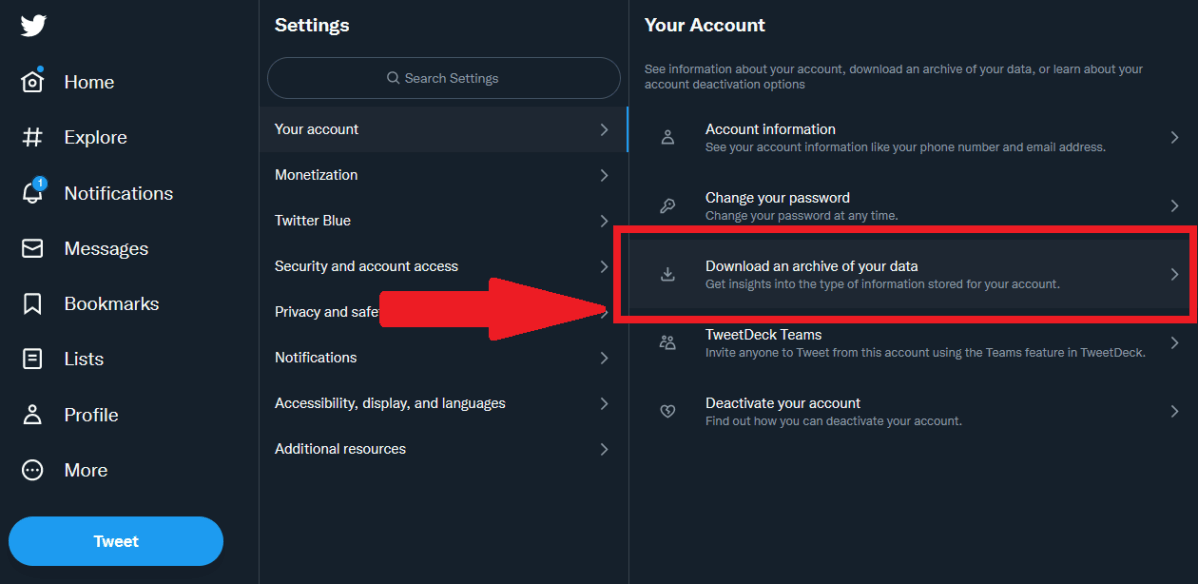 Twitter "download your data" option highlighted