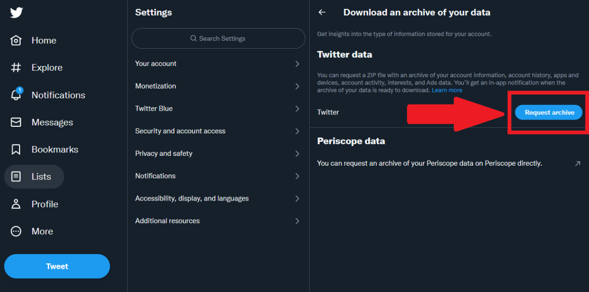 Twitter "Request archive" button highlighted