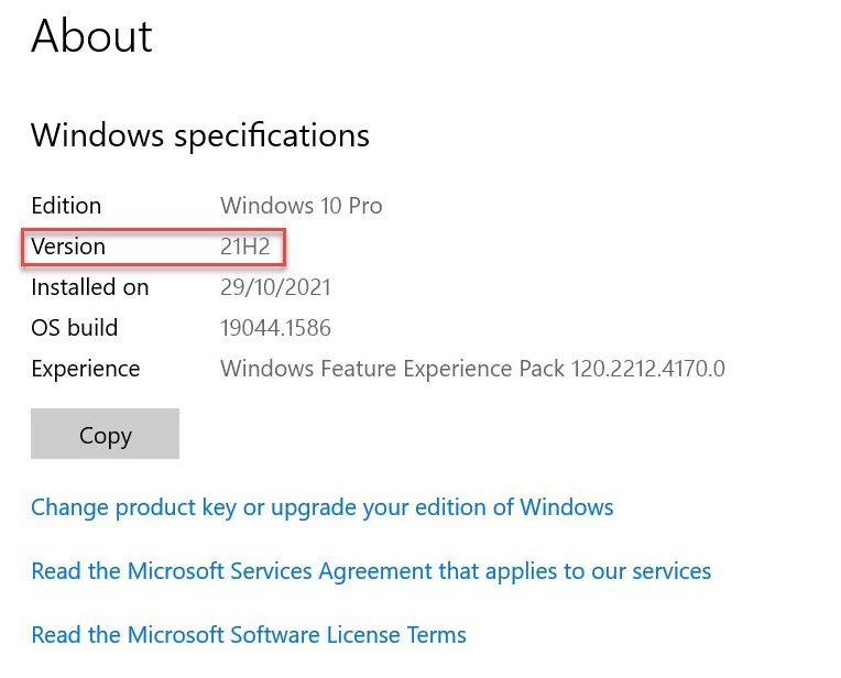 Windows 10 Settings showing version details