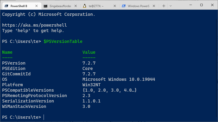 Jede Shell griffbereit: Im Windows-Terminal lassen sich Powershell, Eingabeaufforderung und Bash-Shell (WSL2) nebeneinander in Registerkarten starten.