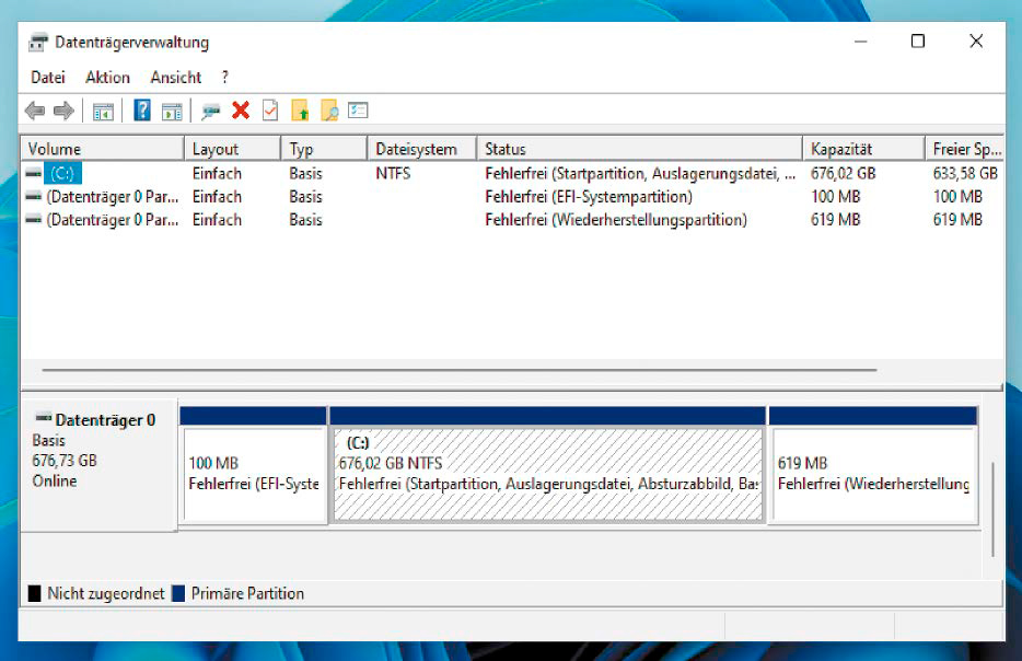 Typische Konfiguration: Bei den meisten PCs ist nur eine Partition für Windows konfiguriert. Diese lässt sich verkleinern, um eine Partition für Linux zu erzeugen.