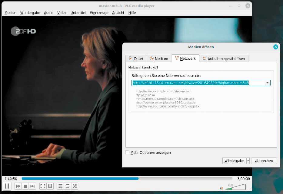 VLC öffnet alles: Das Menü „Medien“ zeigt fünf Optionen zum Starten von Film und Musik. Hier wurde „Medien –› Netzwerkstream“ gewählt und die URL einer Mediathek eingegeben.