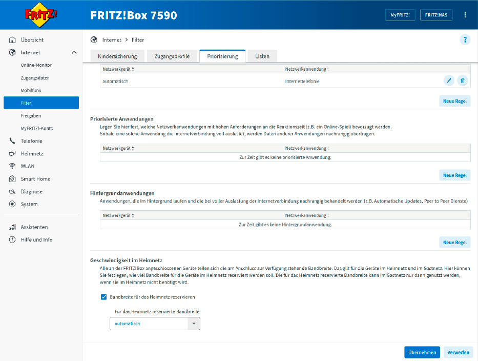 Ab Fritz-OS-Version 7.50 können Sie die verfügbare Bandbreite einer Fritzbox zu gleichen Teilen auf alle Heim- und Gastnetzgeräte verteilen.