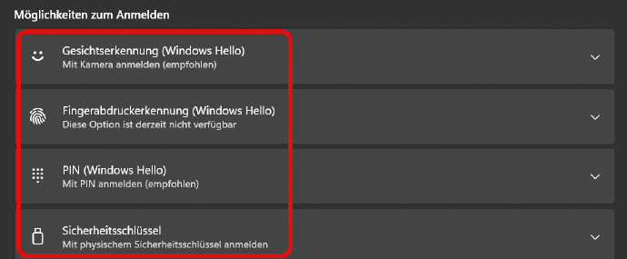 Anmeldeoptionen auswählen