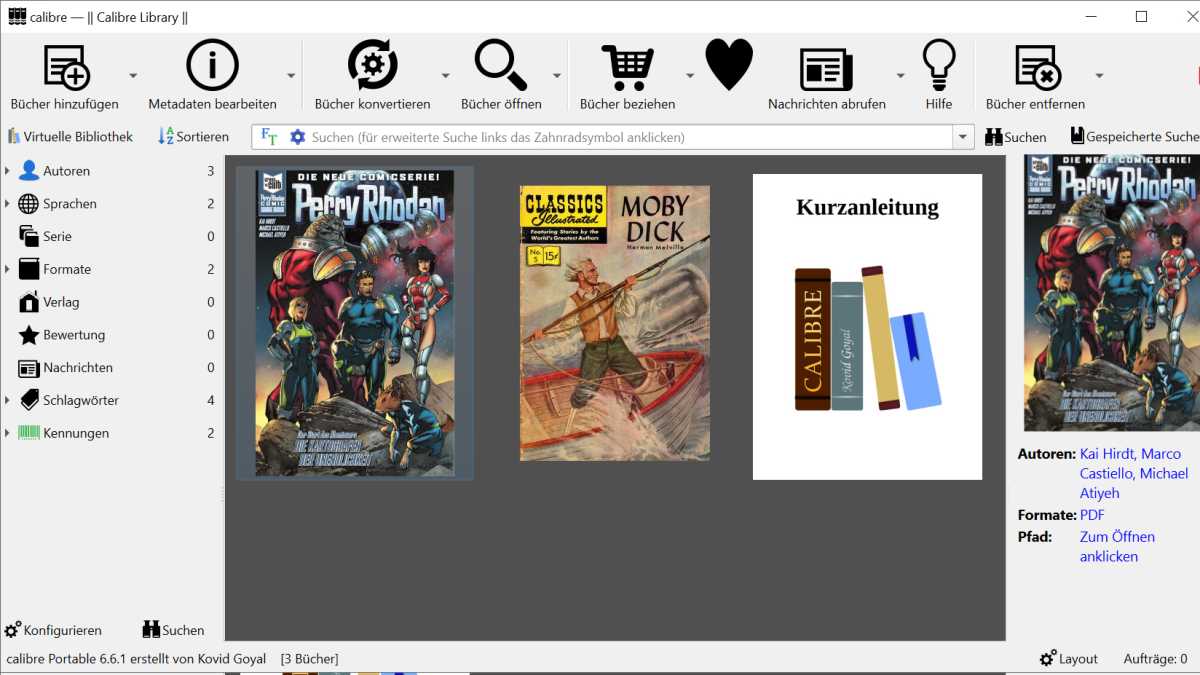 Die Bibliotheksübersicht mit Cover-Bildern der eingelesenen E-Books. Calibre unterstützt verschiedene Dateiformate. Konfiguriert wird Calibre über die winzige Schaltfläche mit den drei Punkten rechts oben.